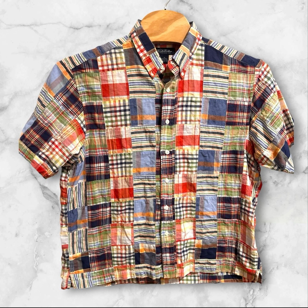 Men's Brooks Brothers Madras Patchwork Short Sleeve Button Down Shirt- sz XL
